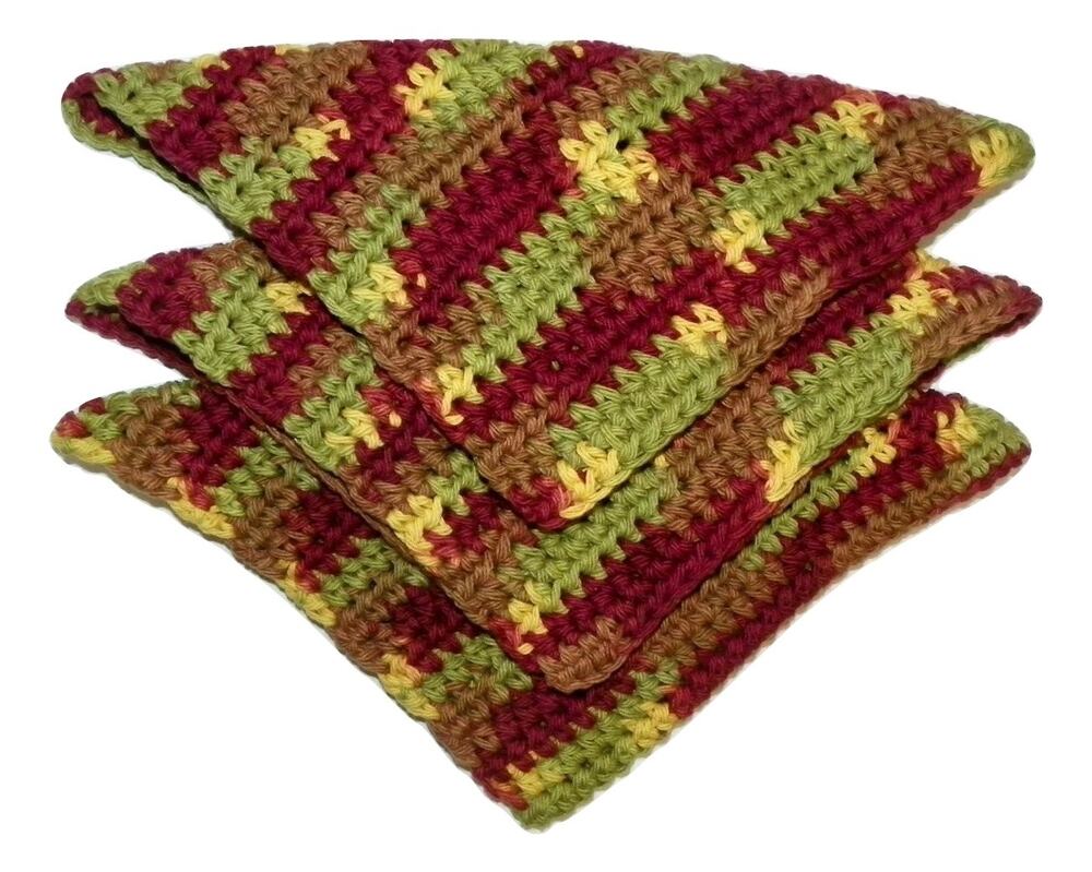 (3) Handmade Crocheted Dishcloths Washcloths 100% Cotton Autumn Ombre